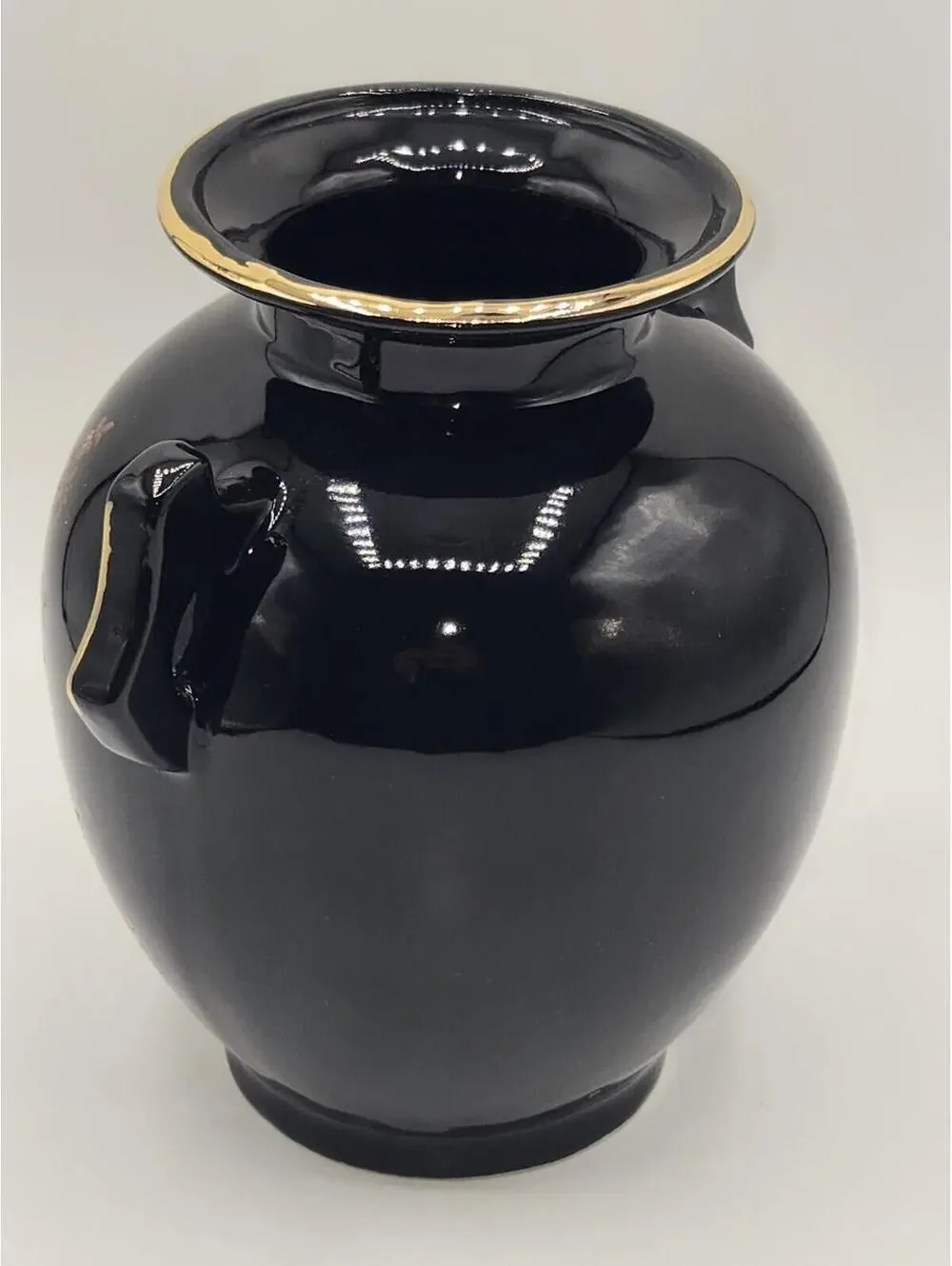 Vintage‎ Black Ceramic Vase Pheasant Bird Floral Design Gold Rim Double Handled
